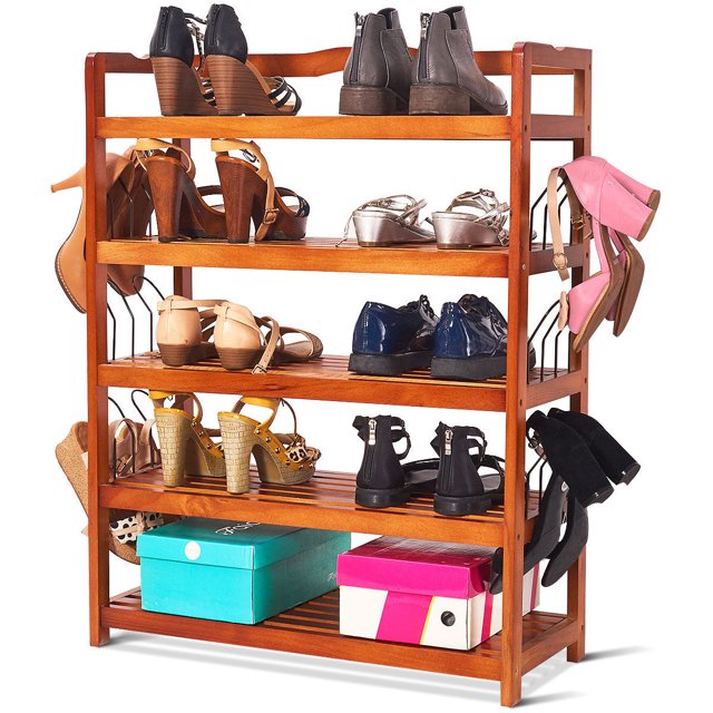 Costway 5-Tier Wooden Shoe Rack Shelf Storage Organizer Entryway W/ 6 Shoe Stretcher