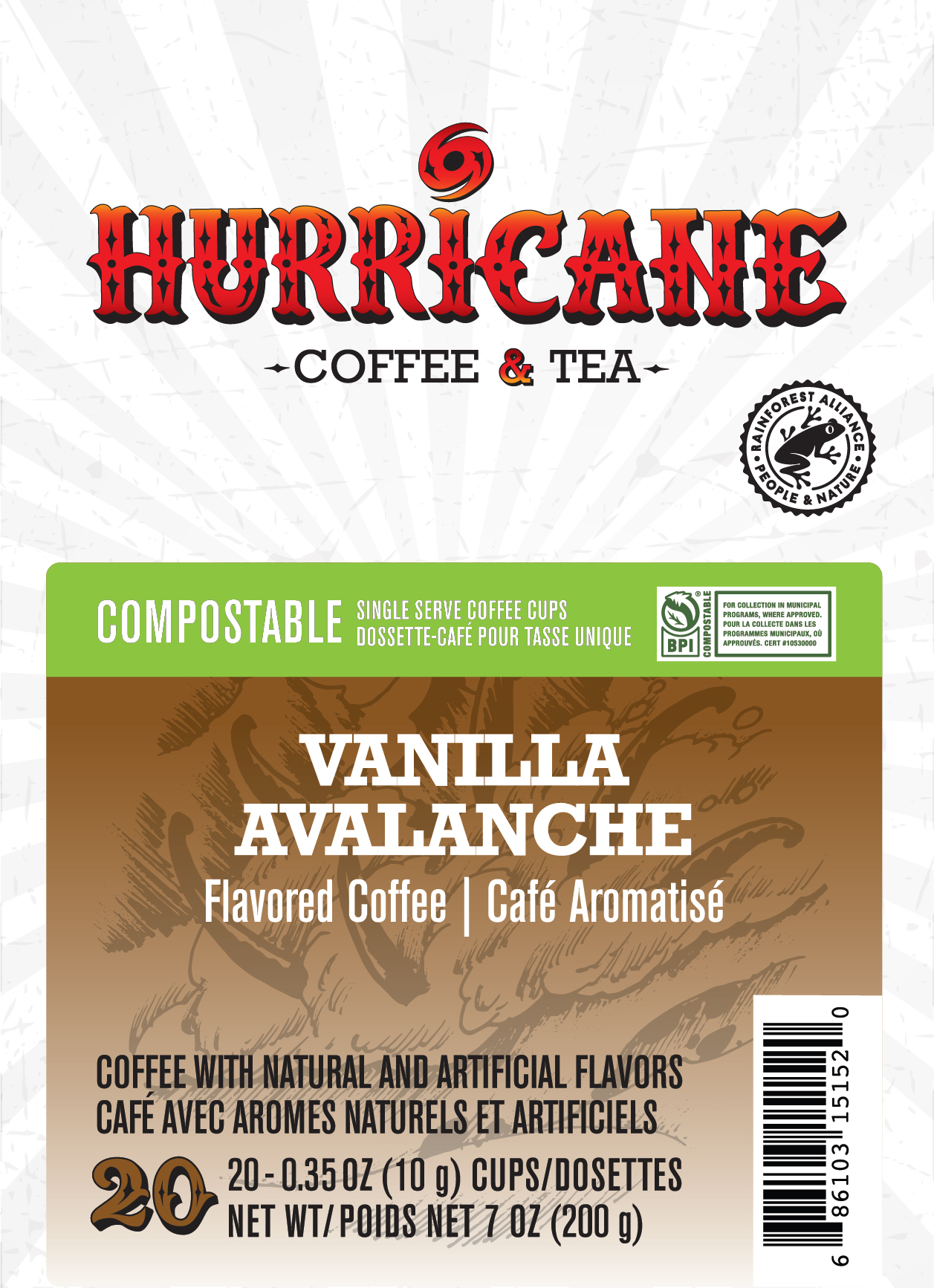 Hurricane Vanilla Avalanche Flavored Coffee, Compostable Single Serve Coffee Pods Compatible with Keurig K-Cup Brewers, 20 Count per Box, 4 Boxes