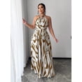 thumbnail image 7 of Brown Abstract Print Halter Neck Tie Waist A-Line Maxi Dress For Women, 7 of 7