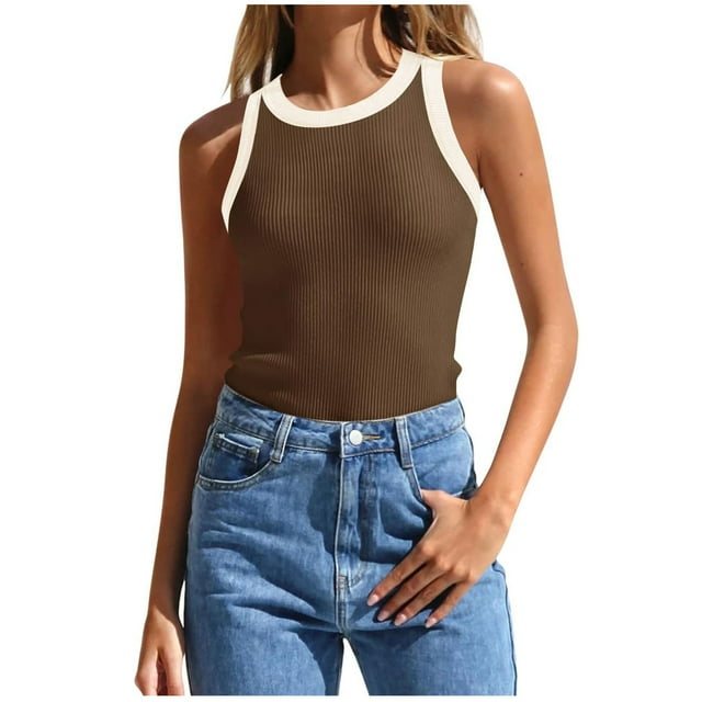 UPPADA Womens Spaghetti Strap Tank Tops Crewneck Ribbed Solid Casual Summer Tops Basic Sleeveless Shirts Striped Lightweight Blouses,Clearance Sales Today Deals