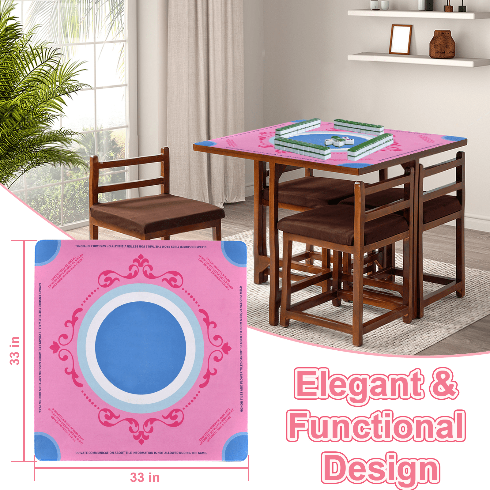 Machine Washable Mahjong Mat 33x33 – Crease-Free Neoprene Table Mat for American Mahjong, Non-Slip, Noise-Reducing, Easy to Clean, Fold-Free Storage