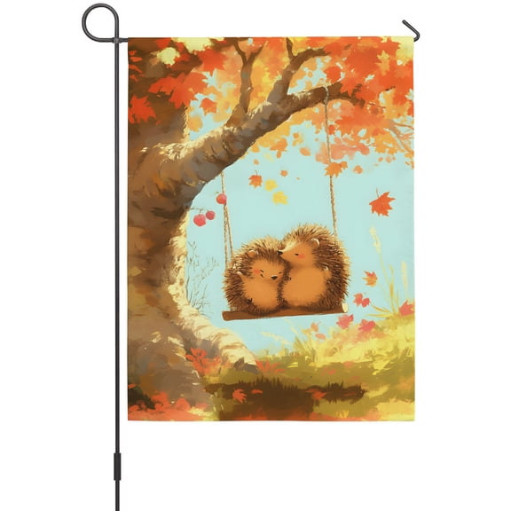 Fall Autumn Garden Flag 12 x 18 Inches, Cute Hedgehog Love Maple Tree Weather Proof Outdoor Patio Flags Double Sided Small Garden Decoration for Yard Outside Home