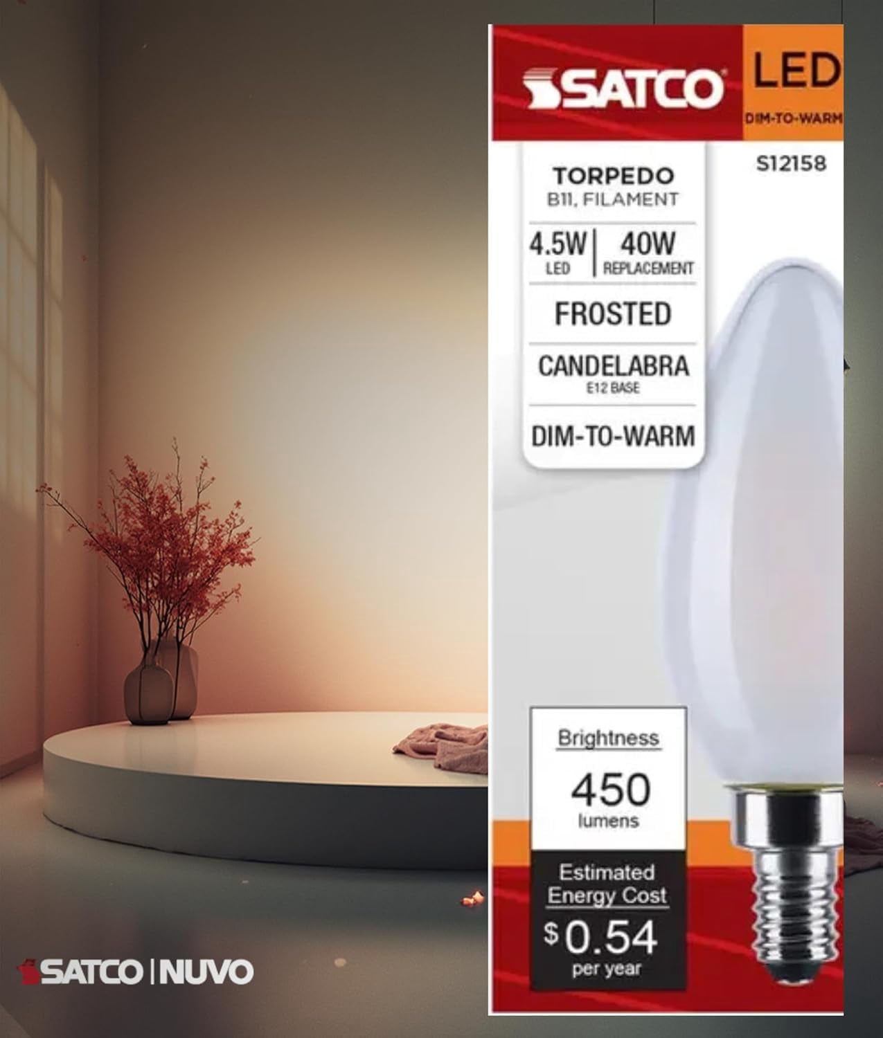 Satco S12158 LED B11 Light Bulbs 4.5W 120V 3000K Frosted Finish E12 Candelabra Base Dimmable WET Location (6 Pack)
