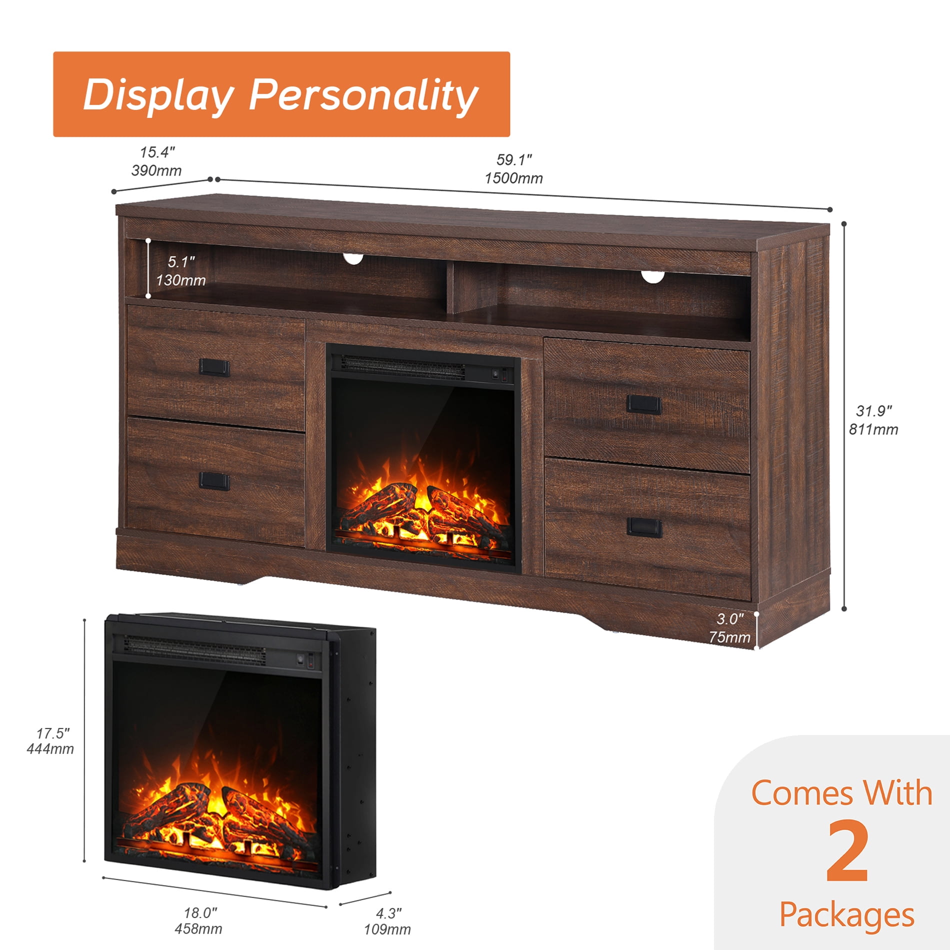 FITUEYES Rustic Gray Electric Fireplace TV Stand for TVs Up to 65" Entertainment Center with Storage