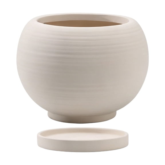 Beige Ceramic Spherical Striped Vase With Tray Scandinavian Matte Desktop Flower Planter For Dry Fresh Flowers
