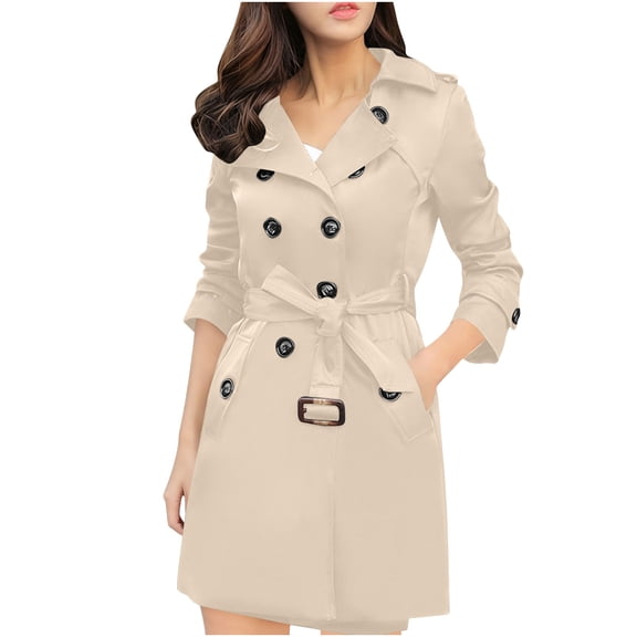 CYMMPU Women’s Belted Double Breasted Mid‑Length Trench Coat, Lapel Collar Waist Tie Side Pockets Long Sleeve Relaxed Outerwear Khaki XXL