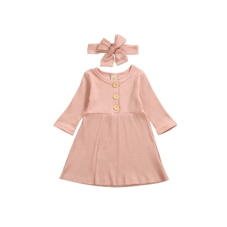 

Kuriozud Toddler Baby Girl Solid Color Short Sleeve Dress Bow Hairband Set