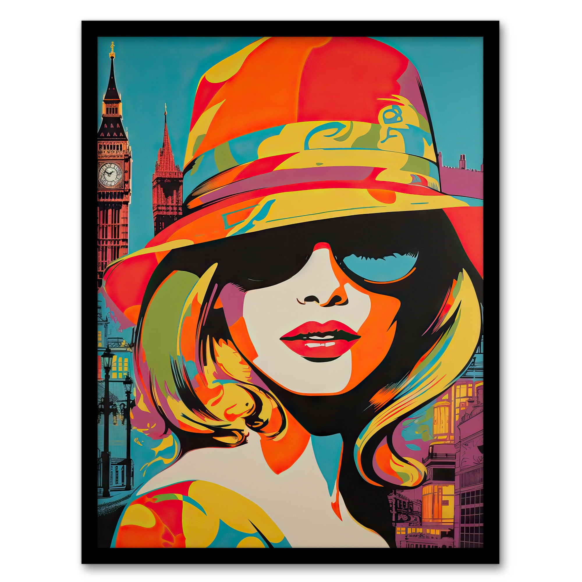 1960s London Chic Retro Neon Orange Blue Woman Portrait With Big