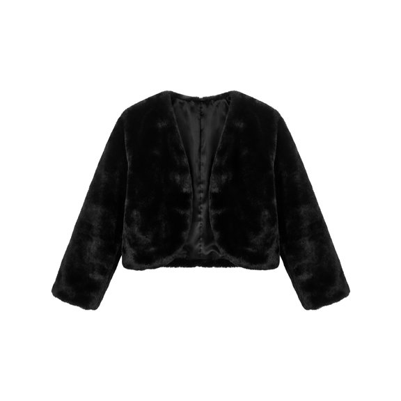 INSPIRE CHIC Girls' Halloween Faux Fur Bolero Shrug Soft Plush Cropped Open Front Jacket with Pockets for Winter Parties 5-6 Years Black