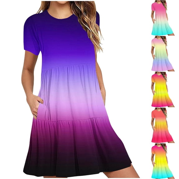 Yourumao Smock Dress for Women Gradient Short Sleeve Mini Dresses Crewneck A-line Swing Short Dress for Summer Lounge Vacation with Pocket