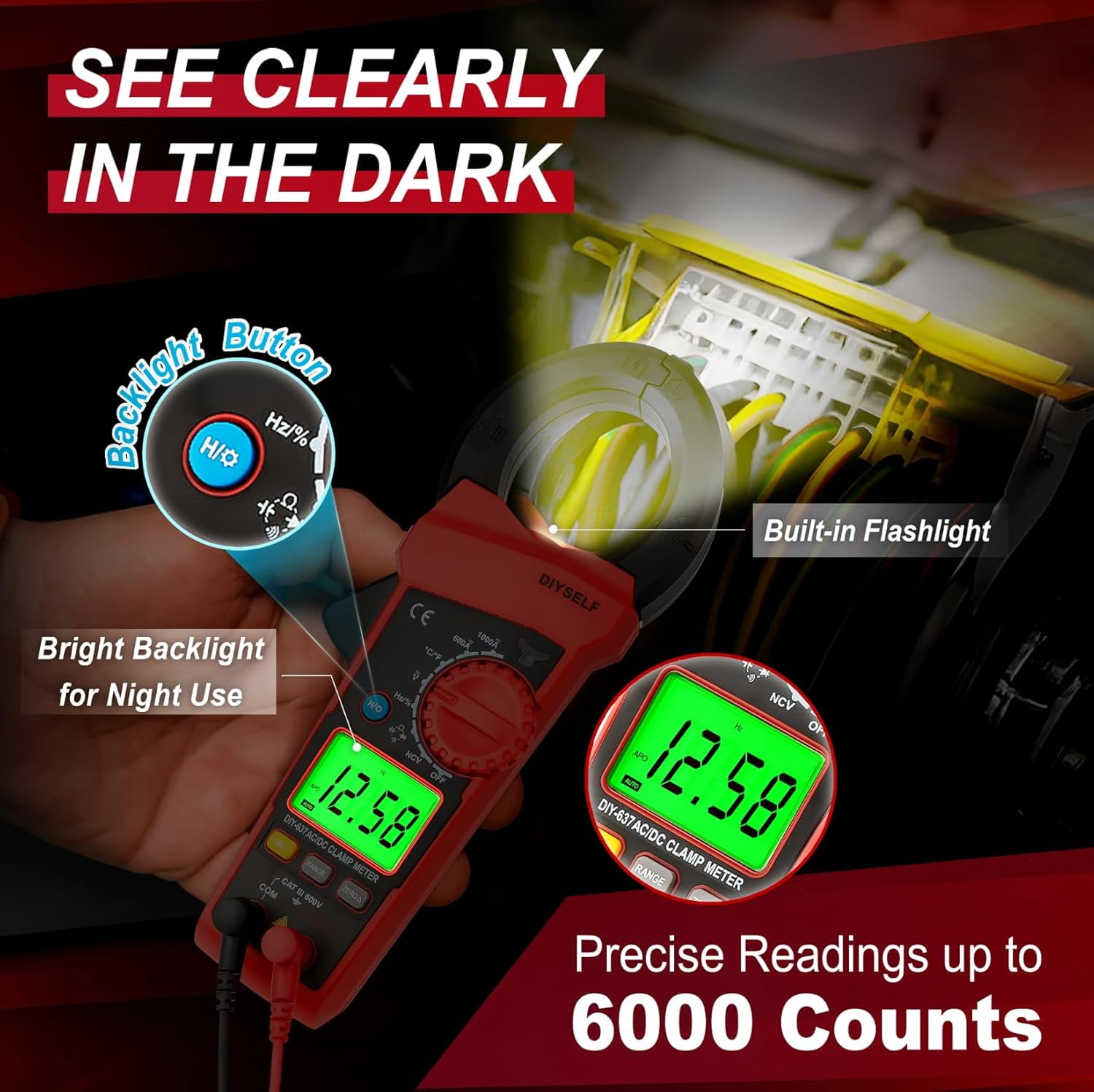 DIYSELF Digital Clamp Meter – 600A AC/DC, 6000 Counts, Auto-Ranging Multimeter with Non-Contact Voltage, Backlit Display, Temperature Test, Diode & Continuity, CAT III 600V, Clamp Multimeter