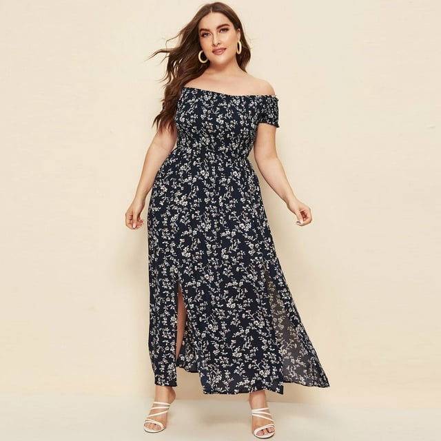 LSLJS Robe à Petites Fleurs pour Femmes Grande Taille, Épaules Dénudées, Corsage Froncé, Fente à la Cuisse