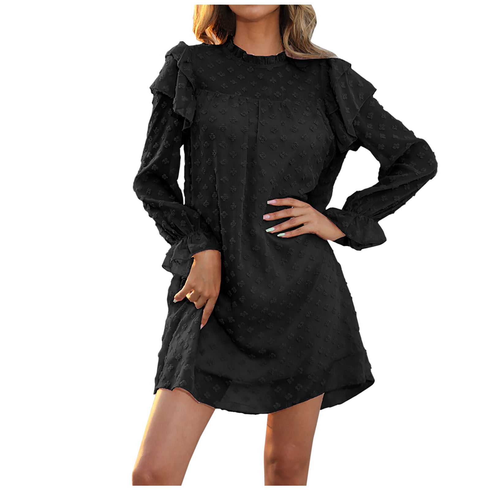 sortere generøsitet uddøde Cute Dress for Women Crewneck Swiss Dots Long Sleeve Ruffle Chiffon Dresses  Casual Solid Comfy Fall Mini Dresses | Walmart Canada