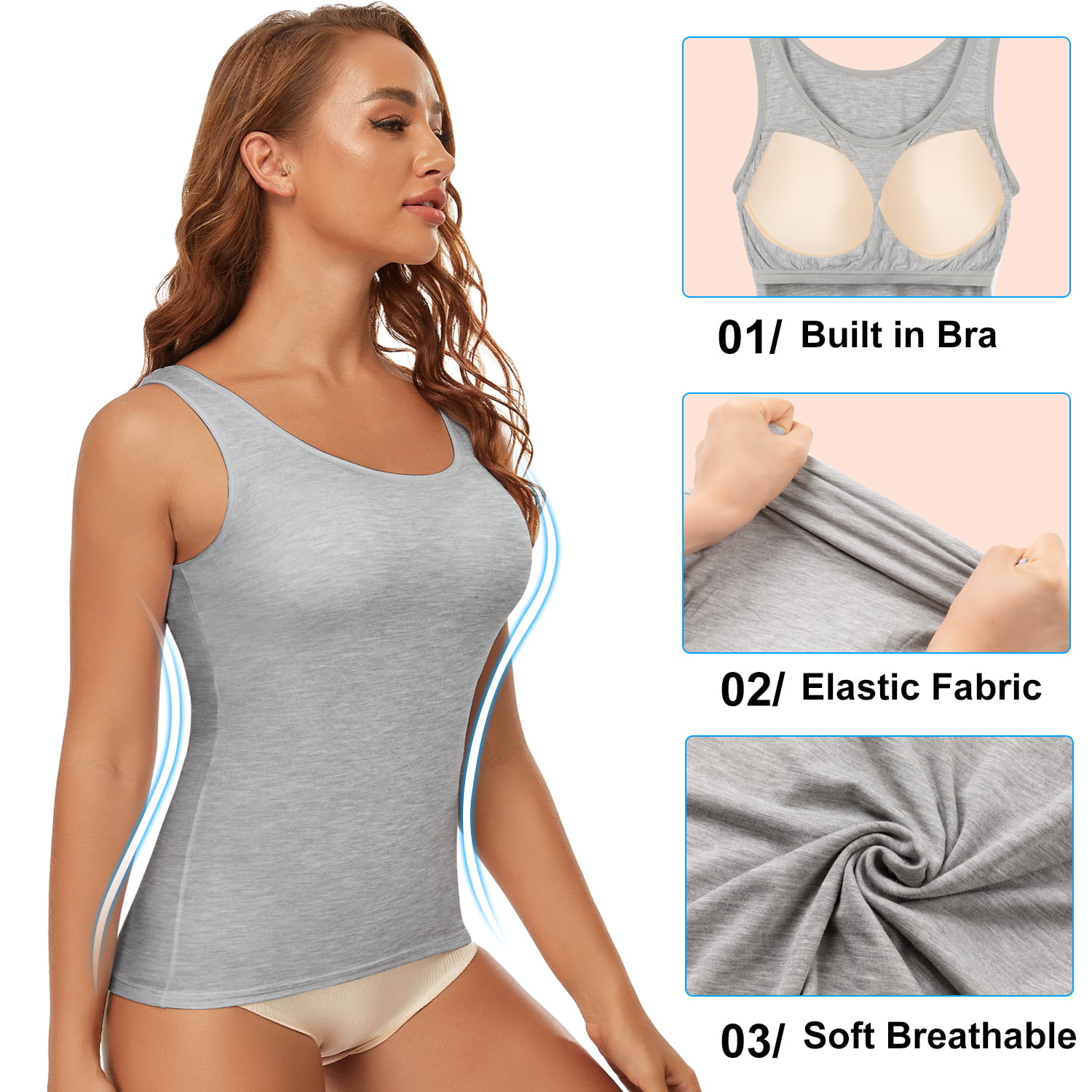 3 Pack Women's Camisole with Built in Bra Tank Tops for Layering Stretch  Casual Undershirts Wider Strap 