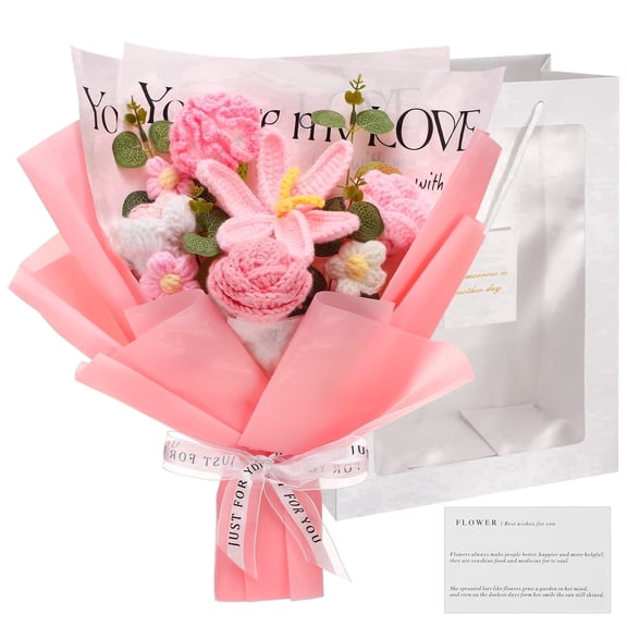 Armscye Pink Crochet Flower Bouquet, Handmade Knitted Rose with Card & Gift Bag, You Are My Love Bouquet, Artificial Knitted Blooms for Birthday, Room Decor & Back to College
