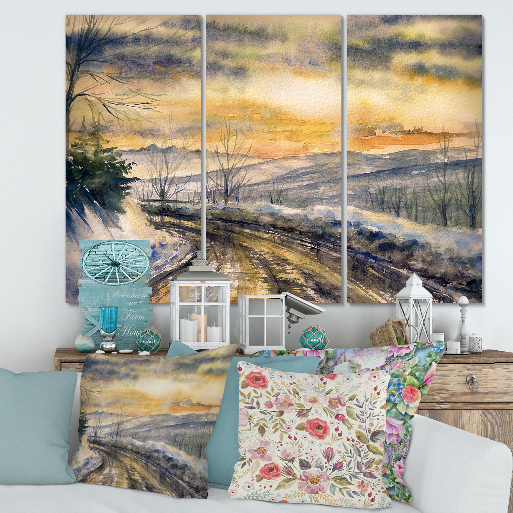 Designart ' Road Under Bright Sunset With Winter Landscape ' Traditional Canvas Wall Art Print