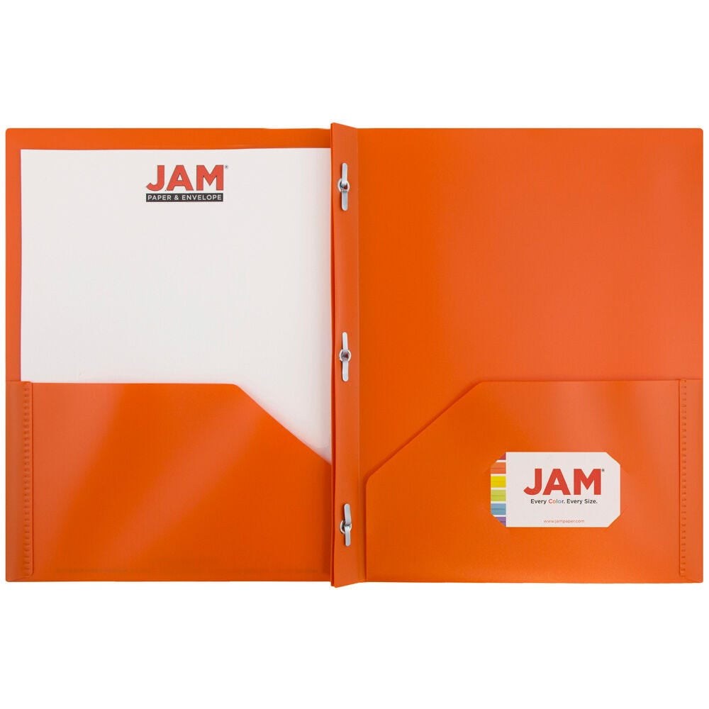 JAM Paper Plastic 2 Pocket POP Folders with Prongs Fastener Clasps, Orange, Bulk 48/Pack