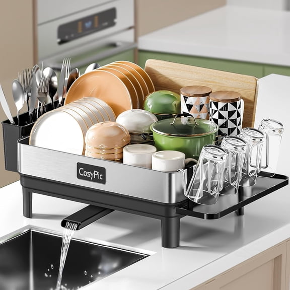 MY.Dish Racks, Thicker Premium 304 Stainless Steel Dish Drying Rack for Kitchen Counter, Automatic Drainage Spout, Dish Drainer & Drainboard Set with Utensil Holder and Cup Holder, Black