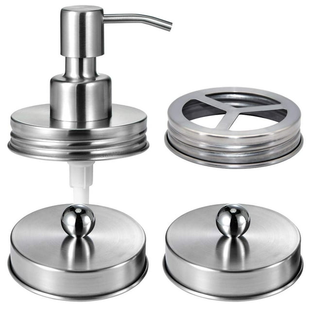 Juego de tapas para accesorios de baño Mason Jar (4 unidades), tarros no incluidos, dispensador de jabón, soporte para cepillo de dientes y tapas para tarros de almacenamiento de boticario para tarros
