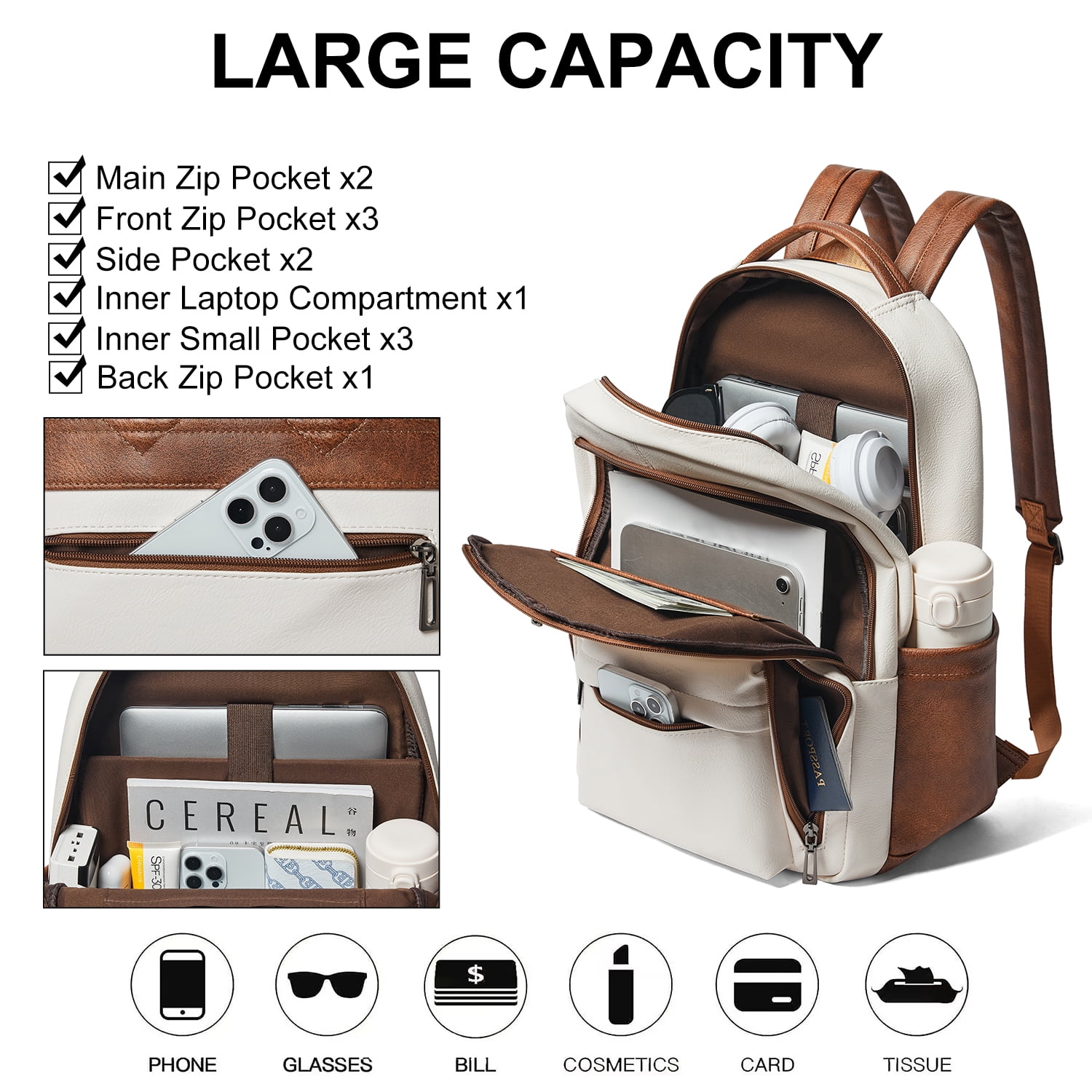 Versatile 30L Faux Leather Backpack Purse for Women & Men, Multi-Use Travel Work Laptop Backpack Bookbag, Fits 15.6" Laptop - Beige