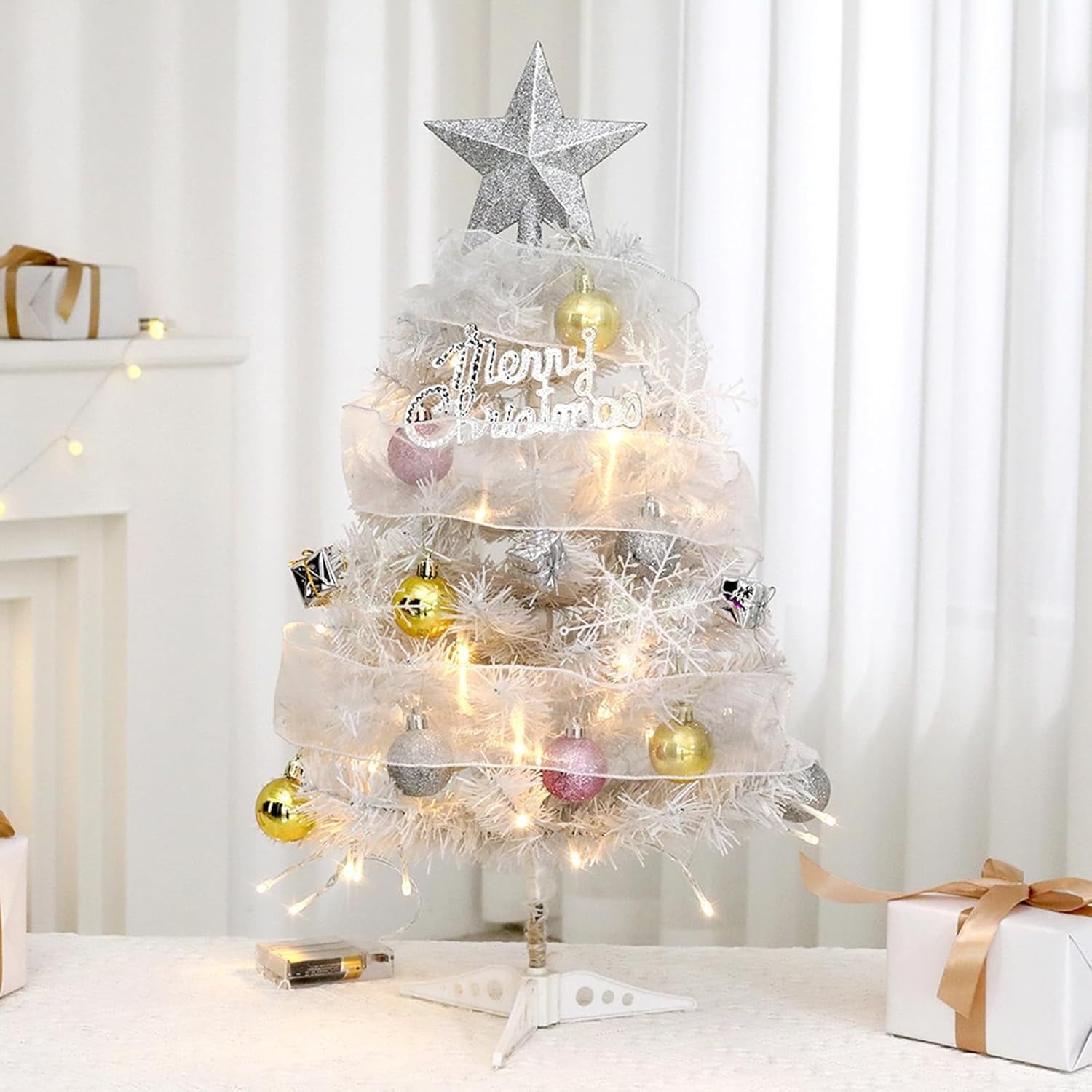 24Inch Mini Pink Christmas Tree with Lights, Tabletop Small Christmas Tree with Star Topper and Ribbon Ornaments for Holiday, Home, Office, Party Decoration