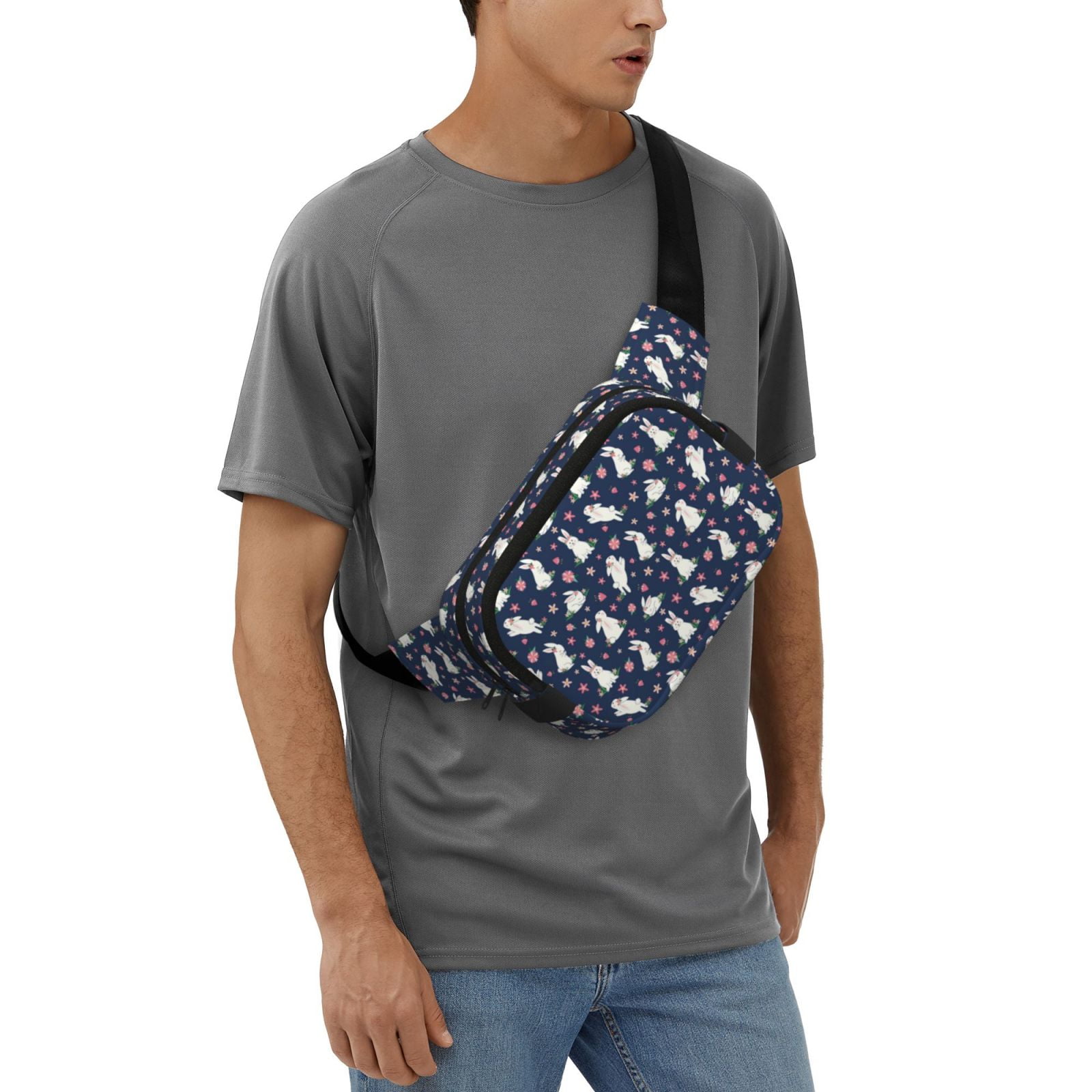 Picia Rabbit And Flower Print Square Double-Layer Waist Bag Mini Adjustable Waist Belt Bag Exercise Running Travel Hiking