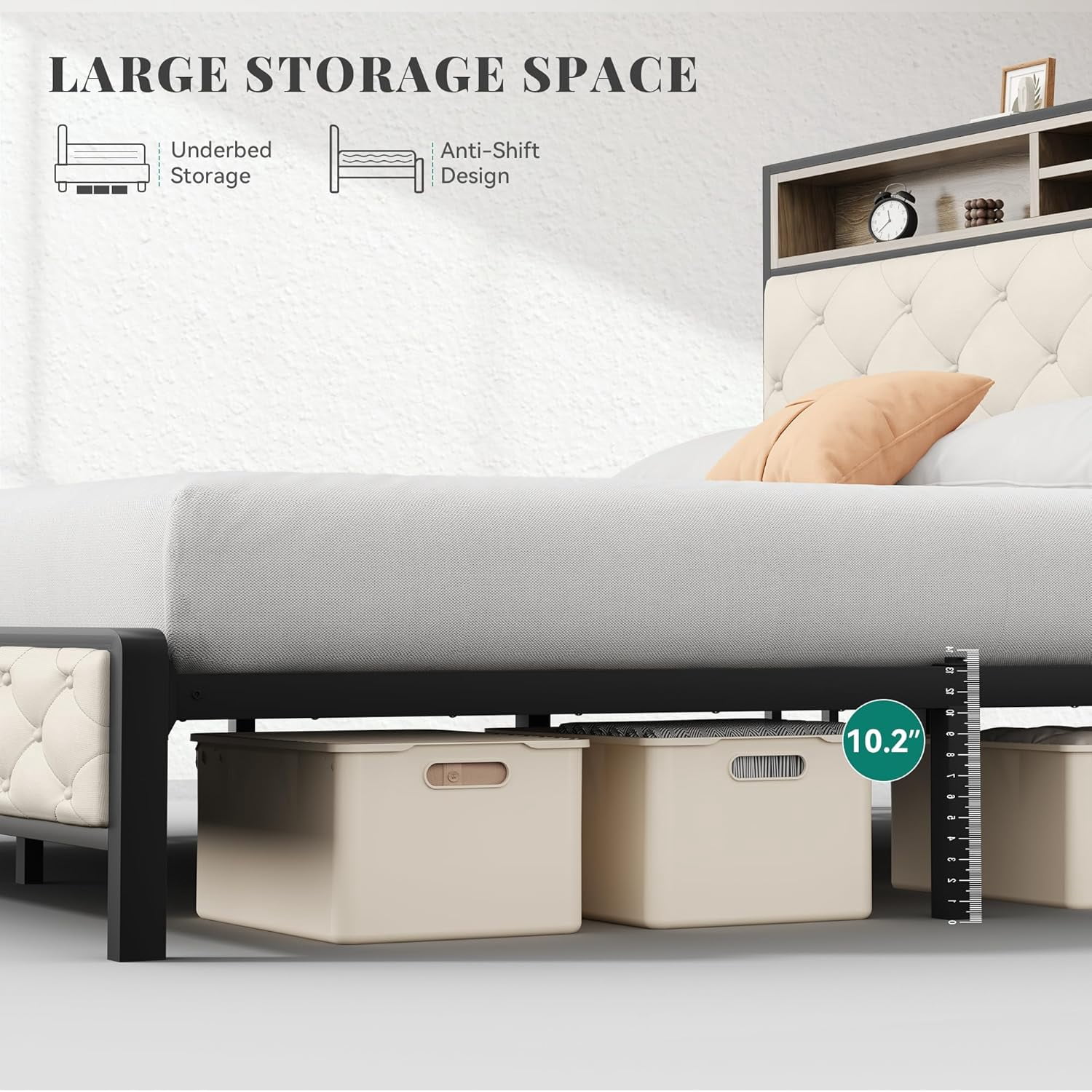 Newest King Size Platform Bed Frame with Charging Station - Beige Upholstered Storage Headboard for Master Bedroom & Guest Room Organization​