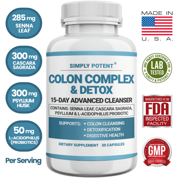 Simply Potent Colon Cleanse Detox Capsules with Probiotic & Natural Laxative, 30 Count