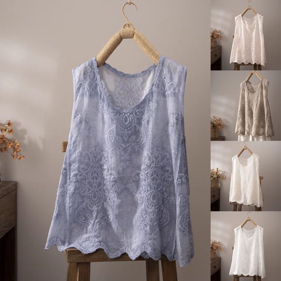 Embroidered Tops for Women Summer Floral Sleeveless Boho Tops Casual Crew Neck Blouse Loose Tank Tops M-XXL White XL(XL)