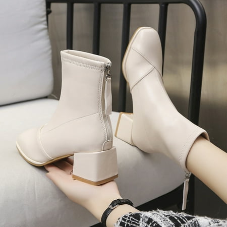 

TALKVE Fashion Women Artificial Leather Solid Color Autumn Thick Sole Square Heels Zipper Mid Booties Square Toe Shoes
