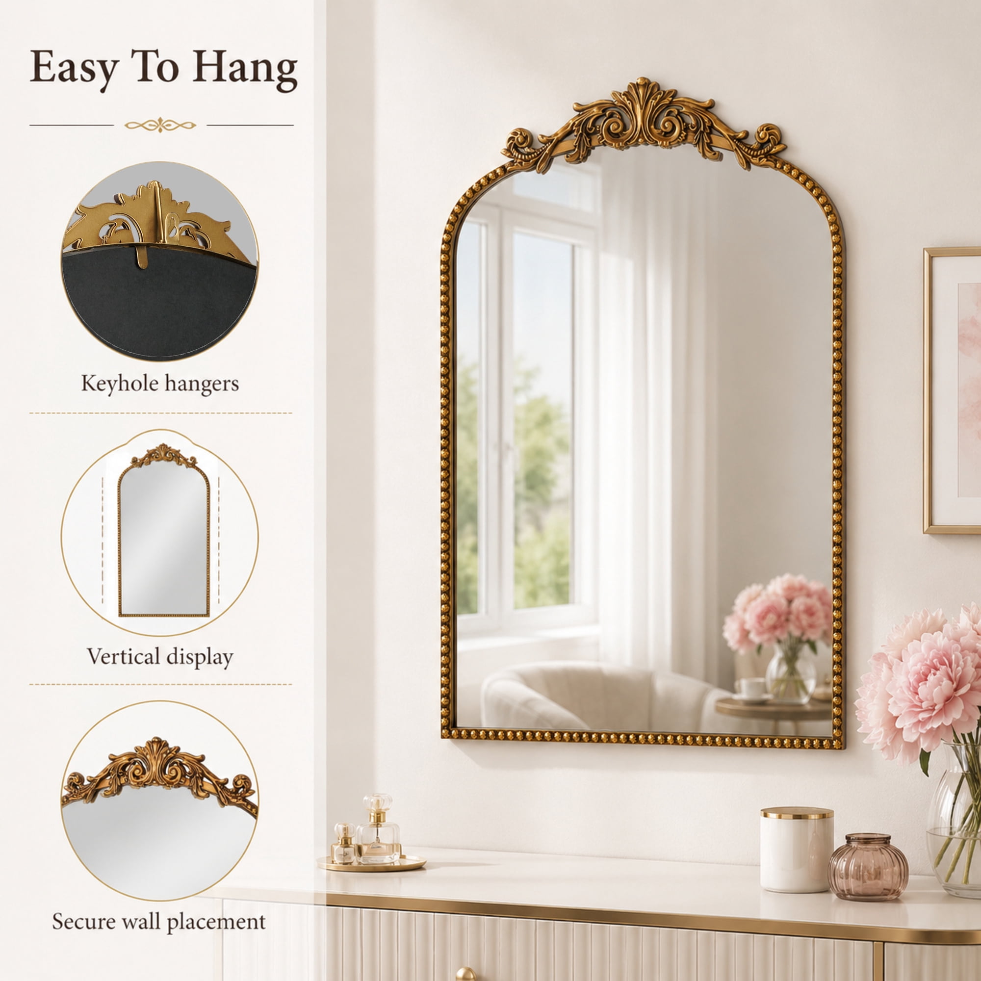 Crystal Art Gallery 30” x 20” Antique Gold Arch Wall Vanity Mirror, Ornate Vintage Baroque Mirror with Decorative Scroll Crest, Beaded Frame & Keyhole Hanging for Bedroom Entryway