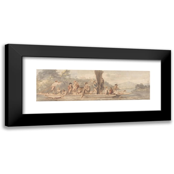 Paul Sandby 14x7 Black Modern Framed Museum Art Print Titled - River Ferry with Many Passengers and Animals