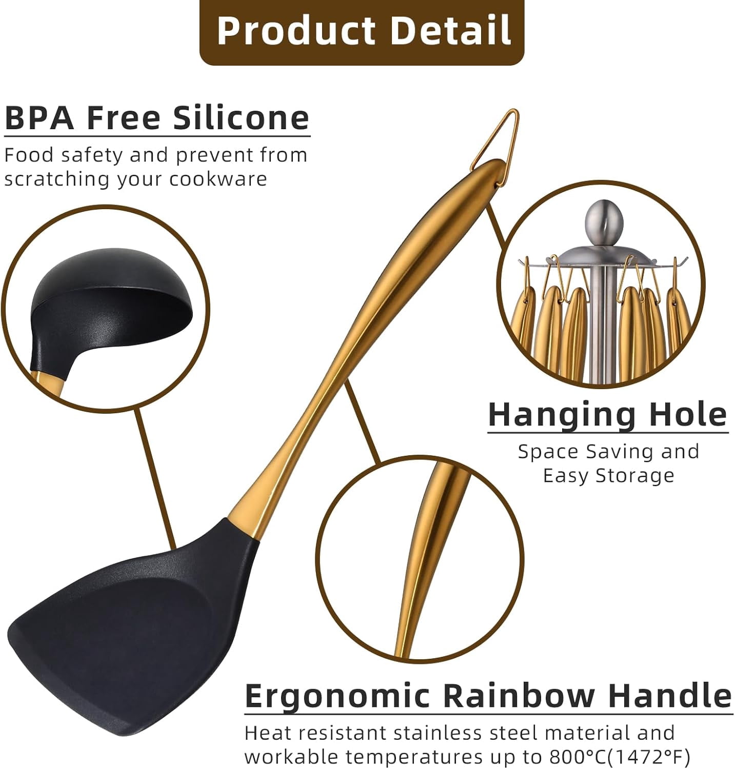 Silicone Cooking Utensils Set, 6-Piece Non-Stick Kitchen Utensil Set with Titanium Stainless Steel Handles & Holder, Spatula, Spoon, Tongs for Baking, Grilling & Frying - Dishwasher Safe,  Gold