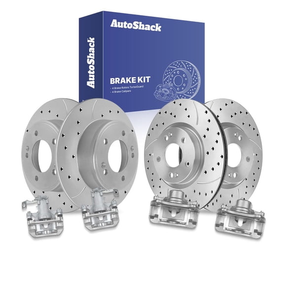 AutoShack Front Vented & Rear Solid Drilled & Slotted Coated Brake Rotors Silver Matte Finish   Calipers 8-PC Brake Kit Replacement for 2016-2017 Kia Forte 2014 Kia Forte TurboGuard
