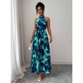 thumbnail image 3 of Teal Blue Floral Halter Neck Maxi Dress With Tie Waist For Elegant Commute Or Vacation, 3 of 7