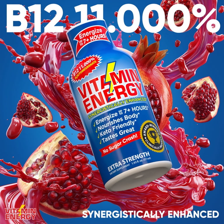 Vitamin Energy B12 Extra Strength Shot, Açaí Pomegranate, 48 Pack – 260mg  Natural Caffeine, 11,000% DV B12 & B6, Zero Sugar, 1.93 fl oz