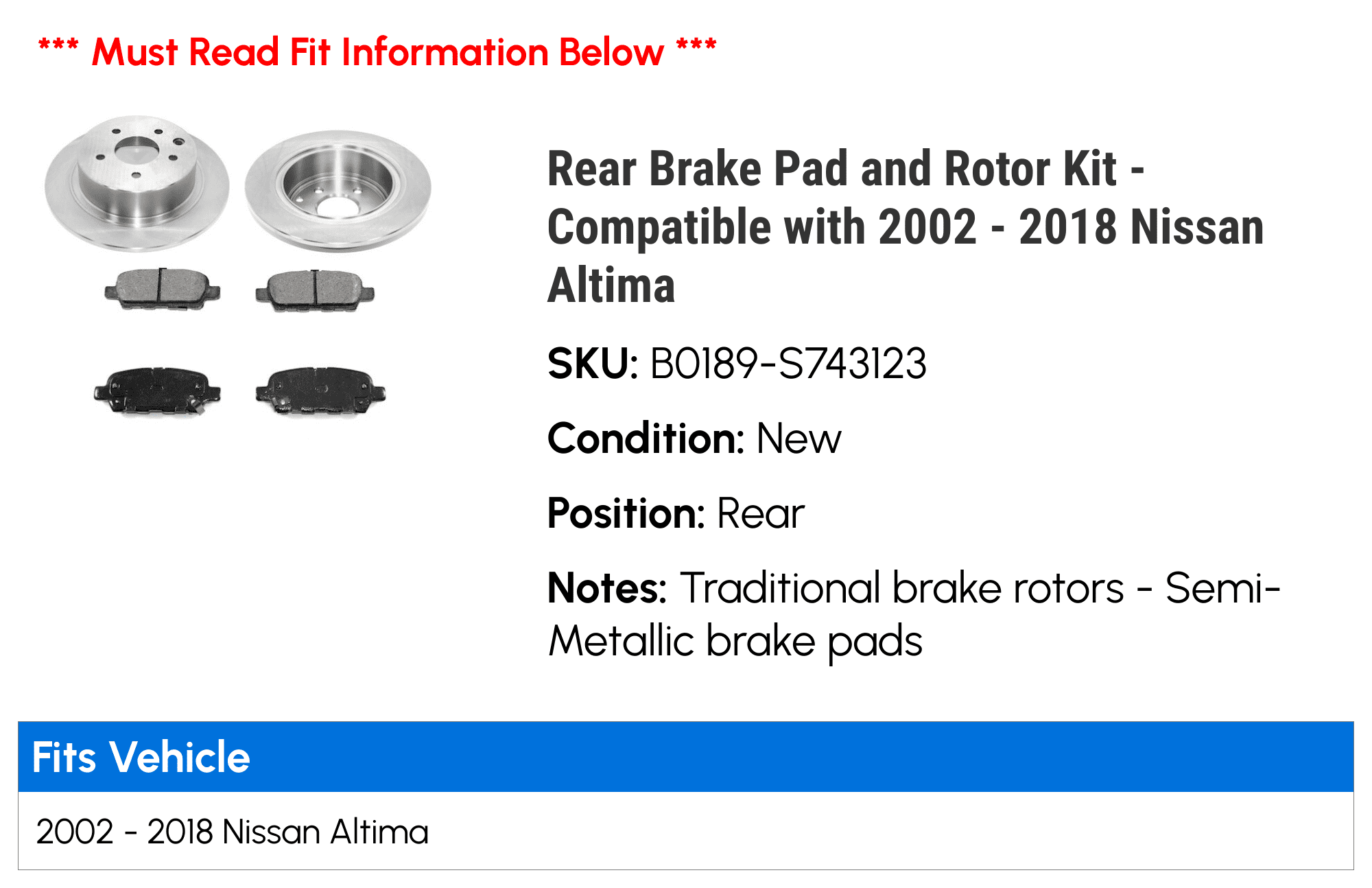 Rear Brake Pad and Rotor Kit - Compatible with 2002 - 2018 Nissan Altima 2003 2004 2005 2006 2007 2008 2009 2010 2011 2012 2013 2014 2015 2016 2017