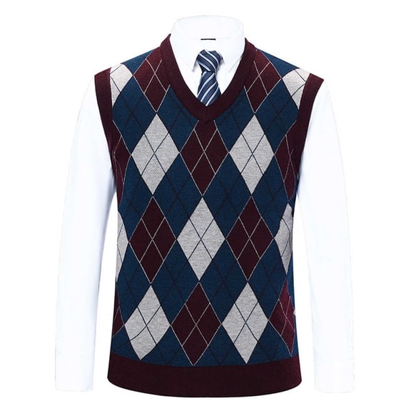 FINALGANG Men's Knitted Sweater Vest Diamond Pattern Relaxed Fit Pullover Sleeveless V Neck Jumper For Casual Daily Wear Trendy Knitwear