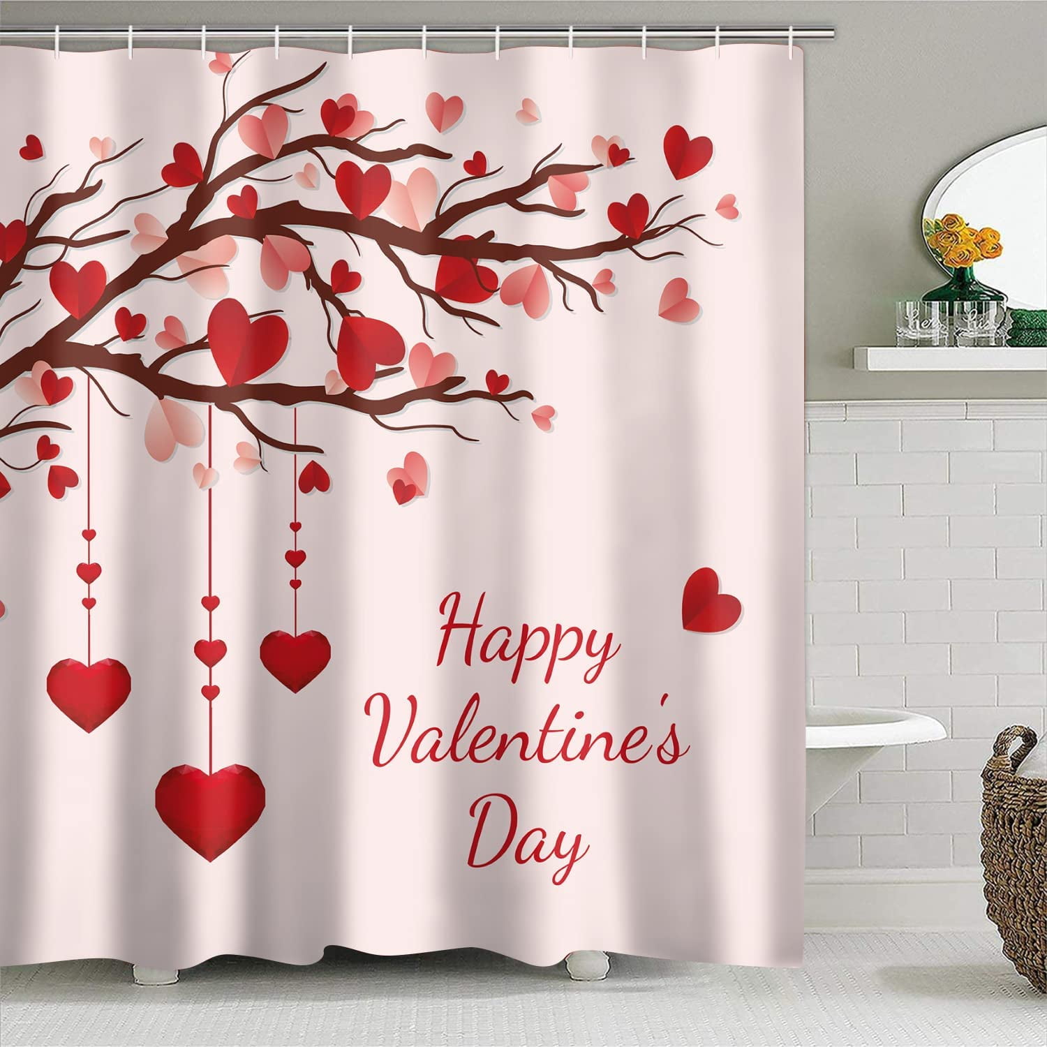 Polyester Shower Curtain Bathmat Rug Set Happy Valentine's Love Heart Glitter 
