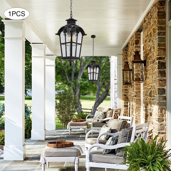 Outdoor Hanging Light Lantern, Large Exterior Pendant Light Ceiling Mount with Seeded Glass, Black Finish Ceiling Light