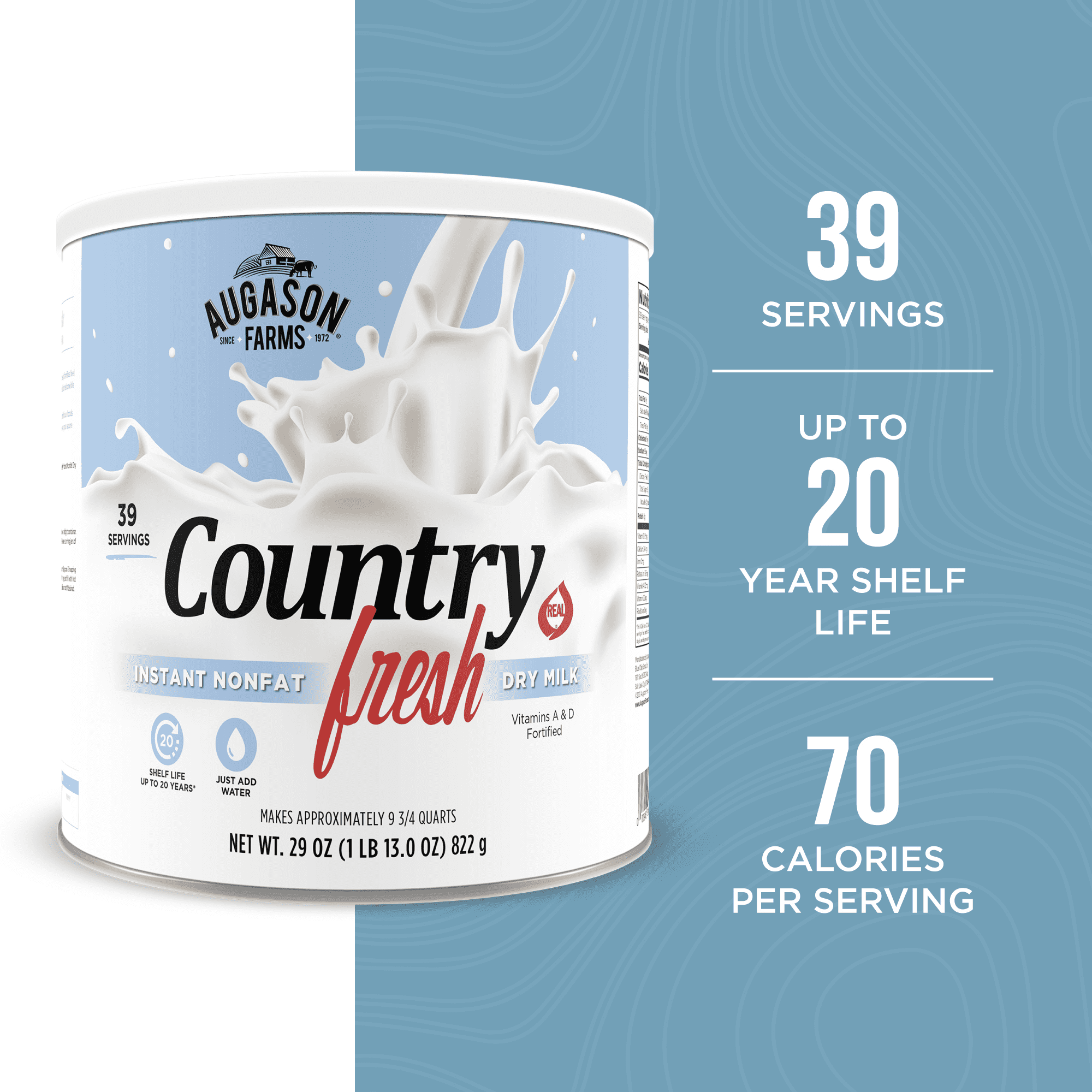 Country Fresh Instant Nonfat Dry Milk Powder, 39 Servings, 20 Year Shelf Life, Gluten Free - Canned Vitamin-Fortified Nonfat Milk Powder for Baking and Emergency Food Supplies