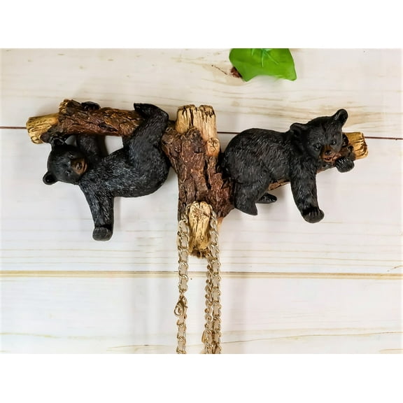 Ebros Rustic 2 Playful Black Bears Dangling On Tree Branches 3 Wall Hooks 9.25"W