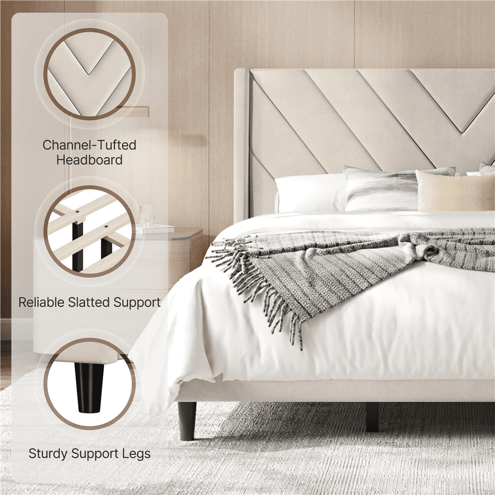 Renwick Upholstered Platform Bed Frame with Wooden Slat Support, King, Beige