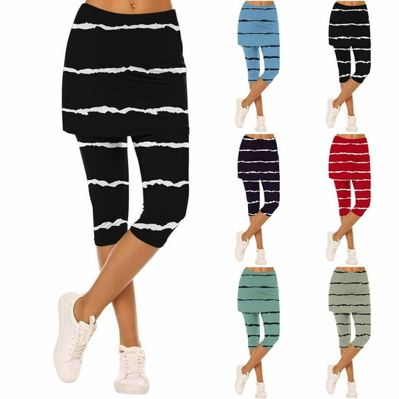 UVEASISHA Skirted Leggings for Women Striped High Waist Capri Yoga Pants Lightweight Comfy Athletic Pants Black XXL