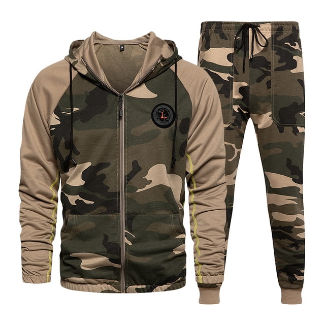 Conjunto deportivo y de ocio para hombre de talla grande de otoño e invierno, conjunto de dos piezas, conjunto de cárdigan de camuflaje con capucha empalmada para hombre
