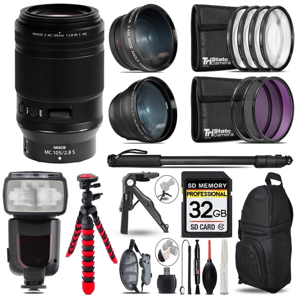 Nikon NIKKOR Z MC 105mm f/2.8 VR S Macro Lens - 3 Lens Kit   Professional Flash - 32GB Accessory Bundle
