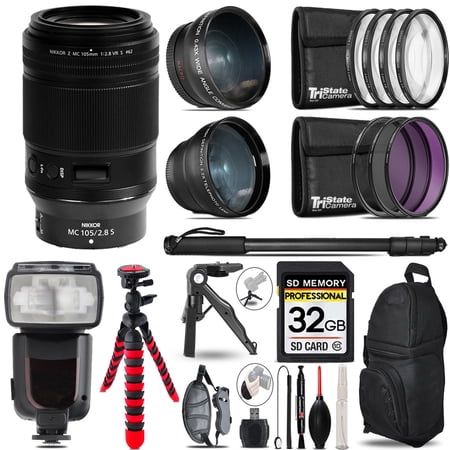 Nikon NIKKOR Z MC 105mm f/2.8 VR S Macro Lens - 3 Lens Kit + Professional Flash - 32GB Accessory Bundle