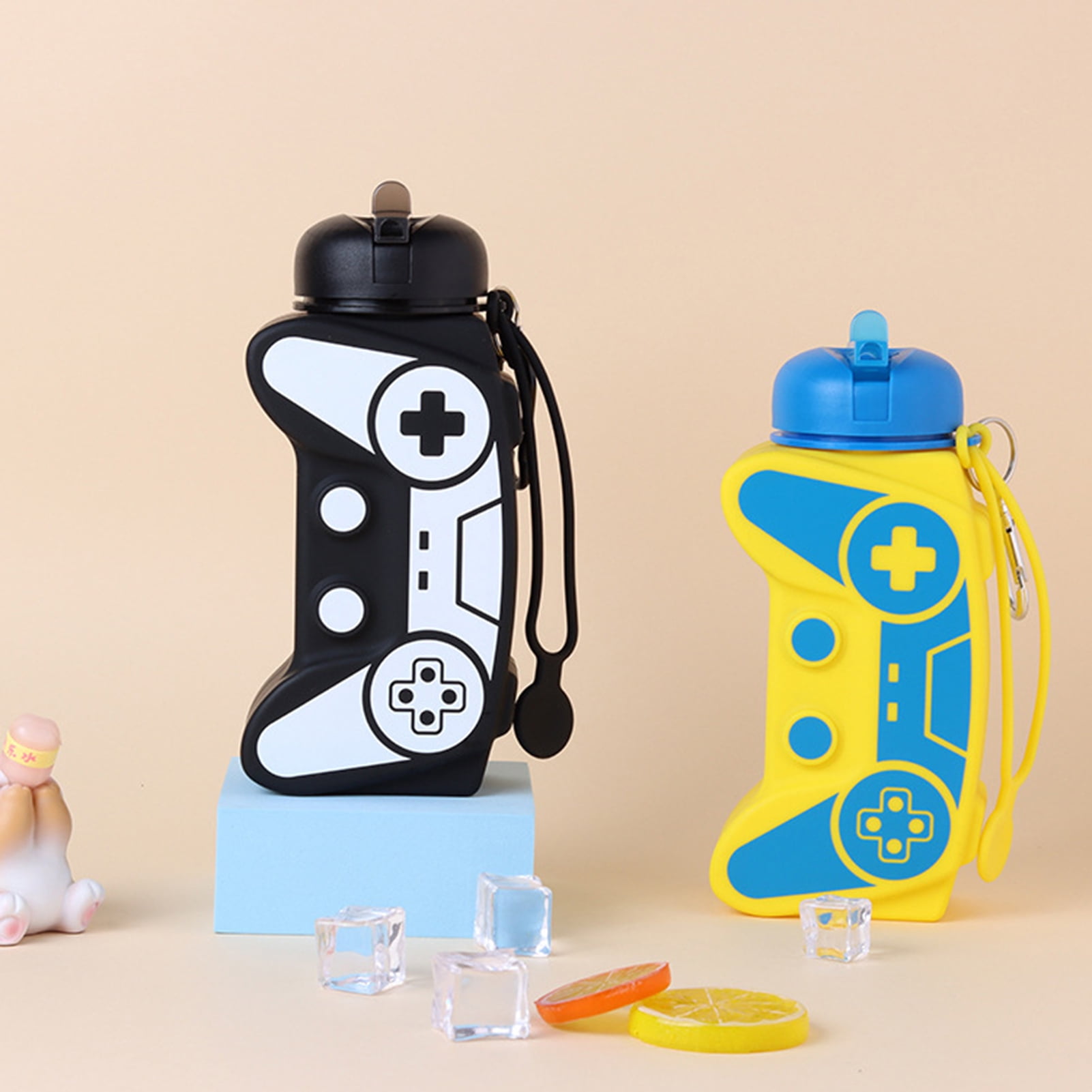 Opolski 600ML Sport Bottle Foldable Food Grade Leakproof Shockproof Anti-drop Large Capacity Game Console Shape Travel School Kids Students Water Bottle With Wrist Strap