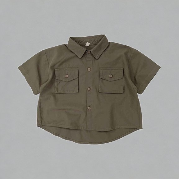 Krdevn Kids Utility Button-Down Shirt Short Sleeve Breathable Cotton Blend Boys Girls Casual Summer Top,1-2 Years