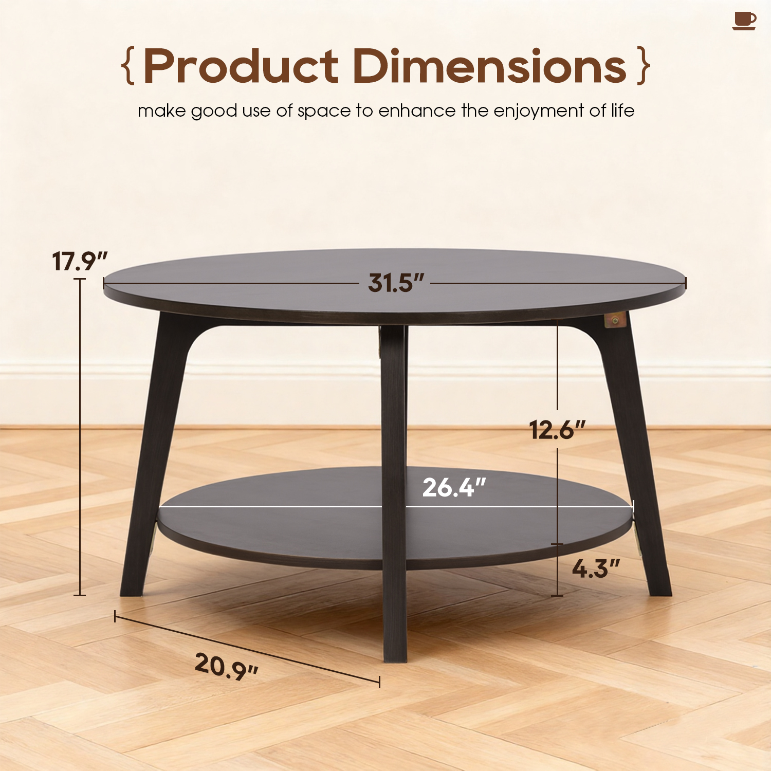 FDW Round Coffee Table with Storage and Sturdy MDF Top & Tapered Legs,Grey
